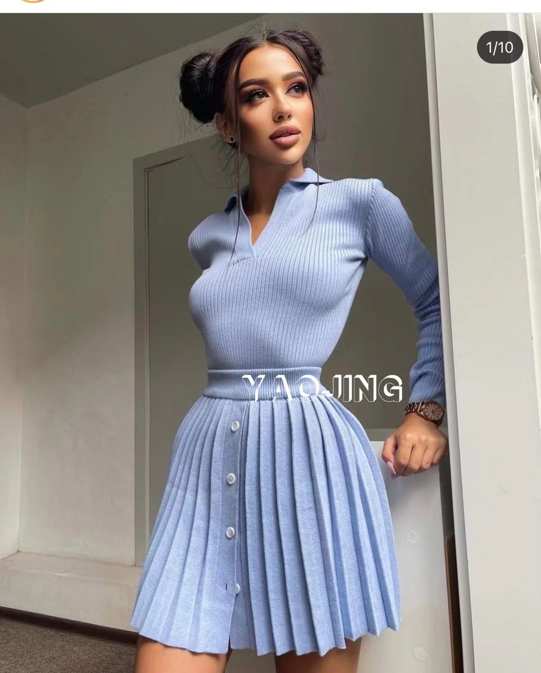 New european fashion womens turn down collar knitted top and pleated short skirt twinset 2 pc dress suit