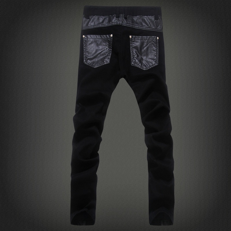Men s Pants Fashion Black Zipper Motorcycle Leather Korean Slim Skinny splice Denim 230906