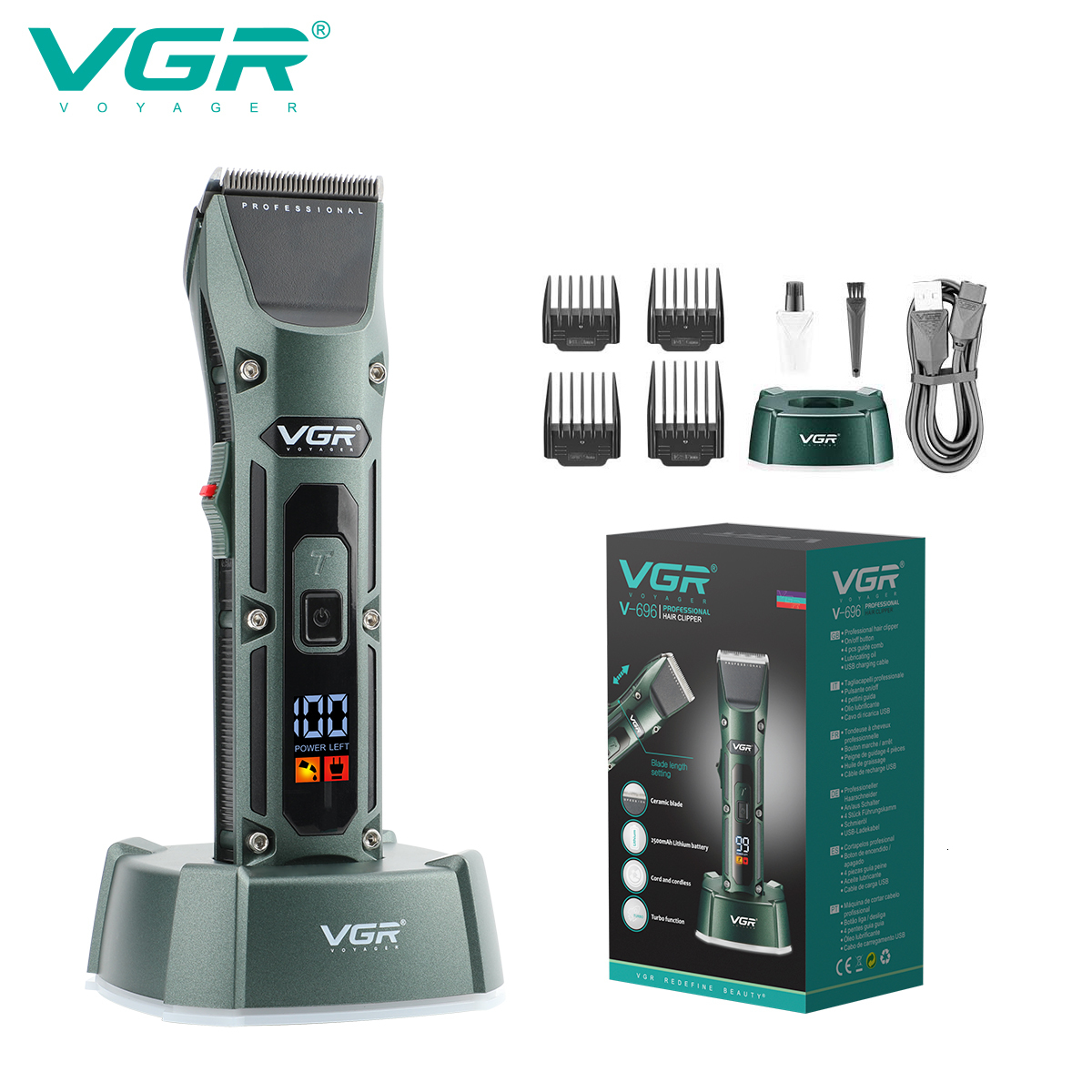 Electric Shavers VGR Hair Clipper Professional Trimmer Cordless Barber Cutting Machine Digital Display Haircut for Men V696 230906