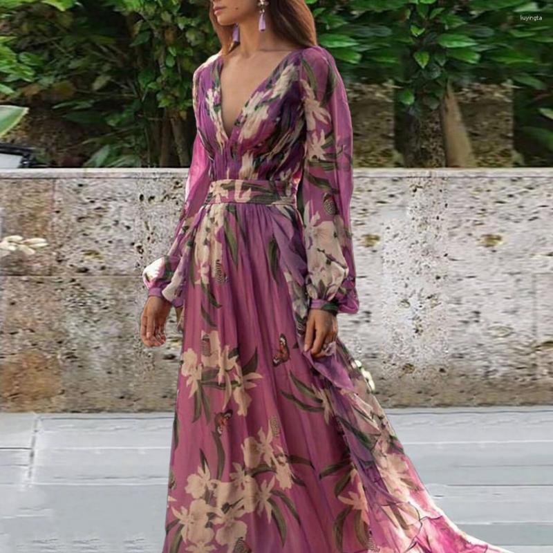 Maxi For Women: Low-Cut V Neck Ral Print Dress With Lantern Sleeves