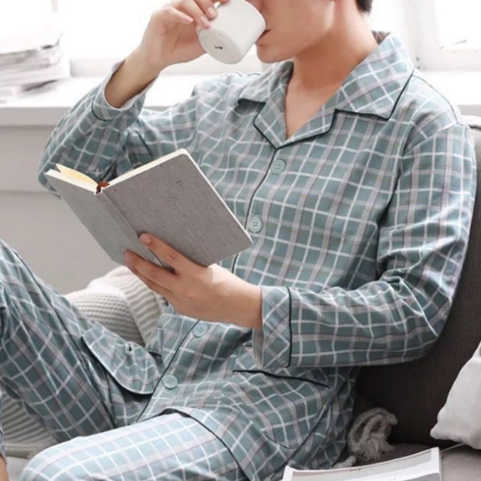 Men's Sleepwear SUO CHAO 100% Cotton Pajamas Set For Men's Loose Casual Plaid Sleepwear Pyjamas Home Clothes Nightgown Homewear 230907