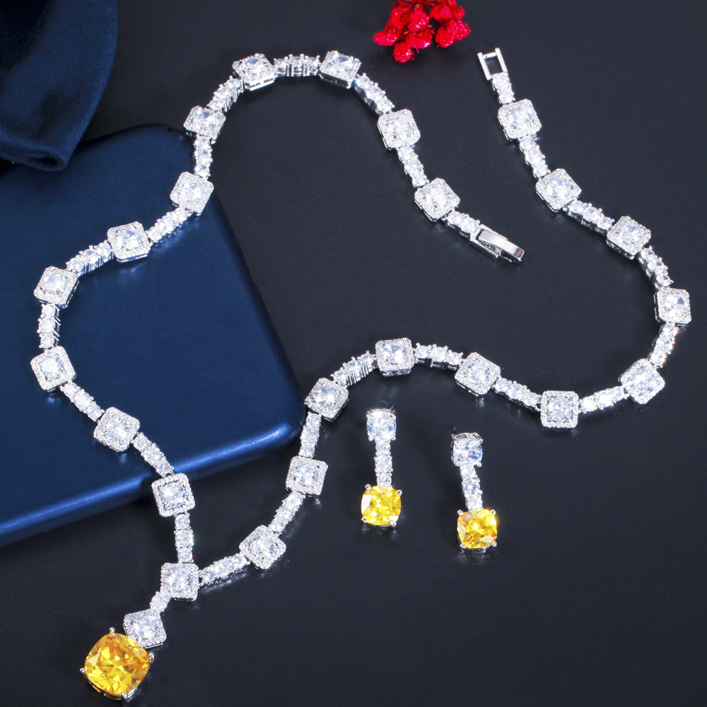 Wedding Jewelry Sets ThreeGraces Elegant Yellow CZ Crystal Silver Color Big Square Drop Earrings Necklace Wedding Party Jewelry Sets for Women TZ581 2