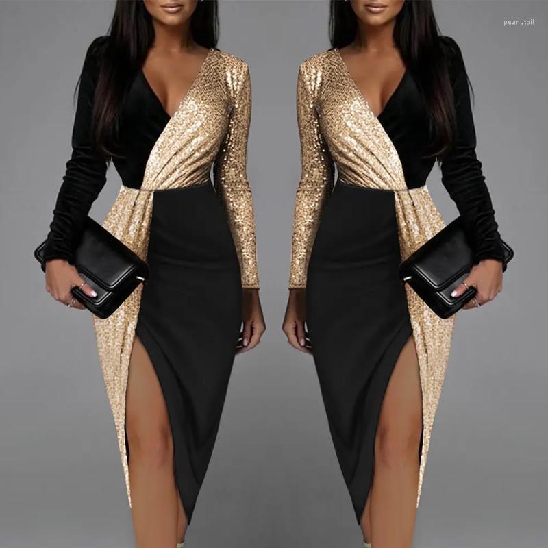 Women's Black Golden Sequins Long Sleeve V-Neck Bodycon Dress For Tail Party Evening Chic B4