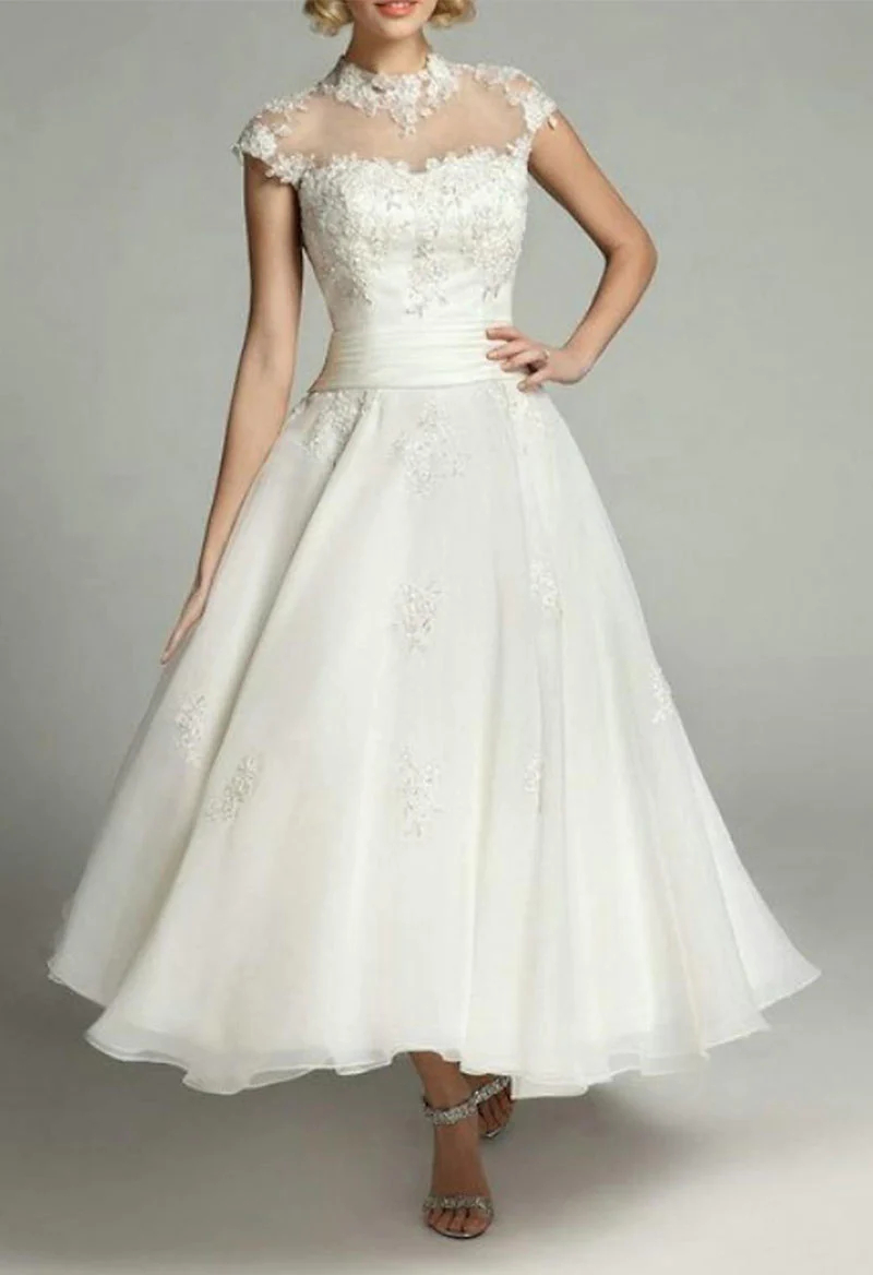 Short Sleeves A Line Vintage Wedding Dress Lace Appliques Ankle Length Bridal Gowns Crew Neck Classic Ivory Organza Bride Dresses Custom Made