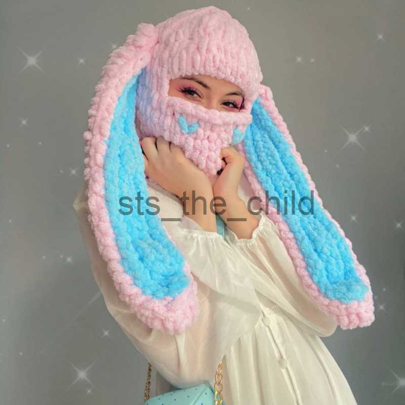 Beanie/Skull Caps Women Lovely Long Rabbit Ear Beanie Hat Gothic Punk Women Winter Thicken Warm Windproof Knitted Caps Chic Streetwear x0907