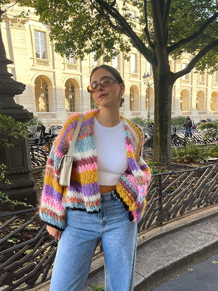 Women s Sweaters Crochet Knitted Striped Cardigans Autumn Lantern Sleeve Vintage Open Stitch Sweater Women Casual Loose Fashion Streetwear 230906