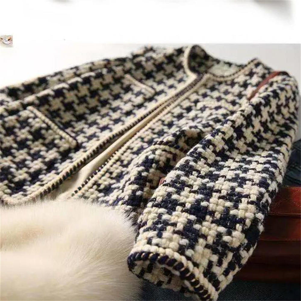 Womens Wool Blends Elegant Weave Plaid Outerwear Women Blazer Pocket Lining Autumn Winter Causal Tweed Coat Ol Suit Jacket Tweed With Cotton 230906