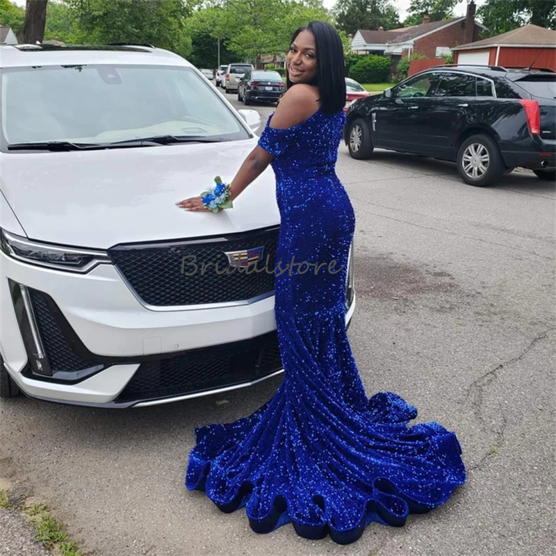 Sparkly Royal Blue Sequin Evening Dress 2023 With Sleeves Elegant Mermaid Black Girls Prom Gowns Plus Size Formal Birthday Party Graduation Robes De B
