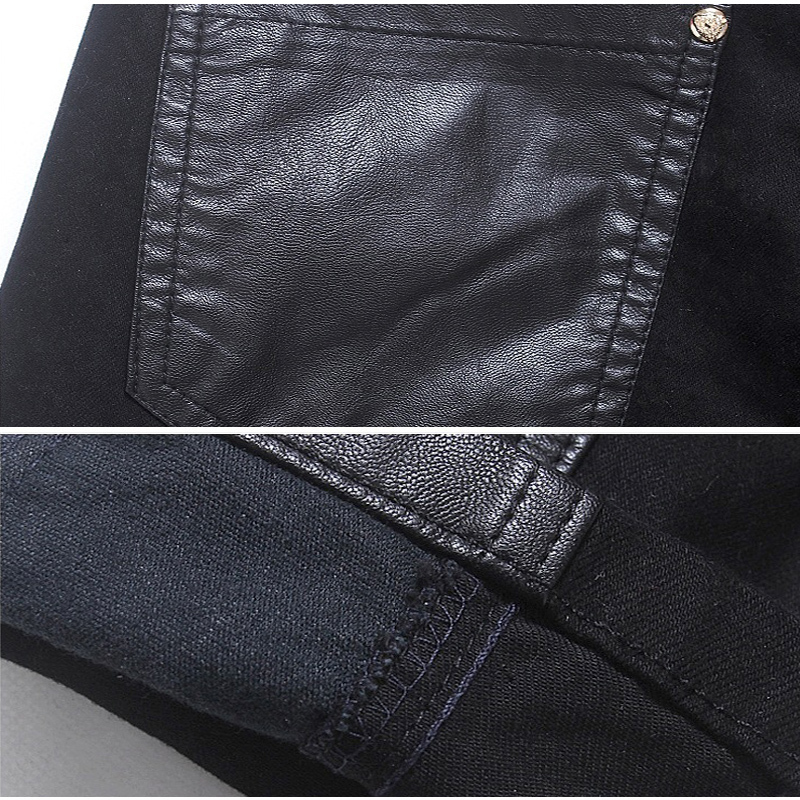 Men s Pants Fashion Black Zipper Motorcycle Leather Korean Slim Skinny splice Denim 230906