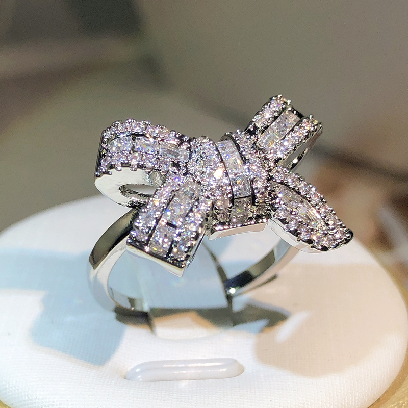 Wedding Rings 925 Silver Color Bowknot Bow Knot Bling Zircon Stone Rings for Women Fashion Wedding Engagement Jewelry 230907