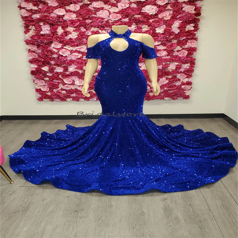 Sparkly Royal Blue Sequin Evening Dress 2023 With Sleeves Elegant Mermaid Black Girls Prom Gowns Plus Size Formal Birthday Party Graduation Robes De B