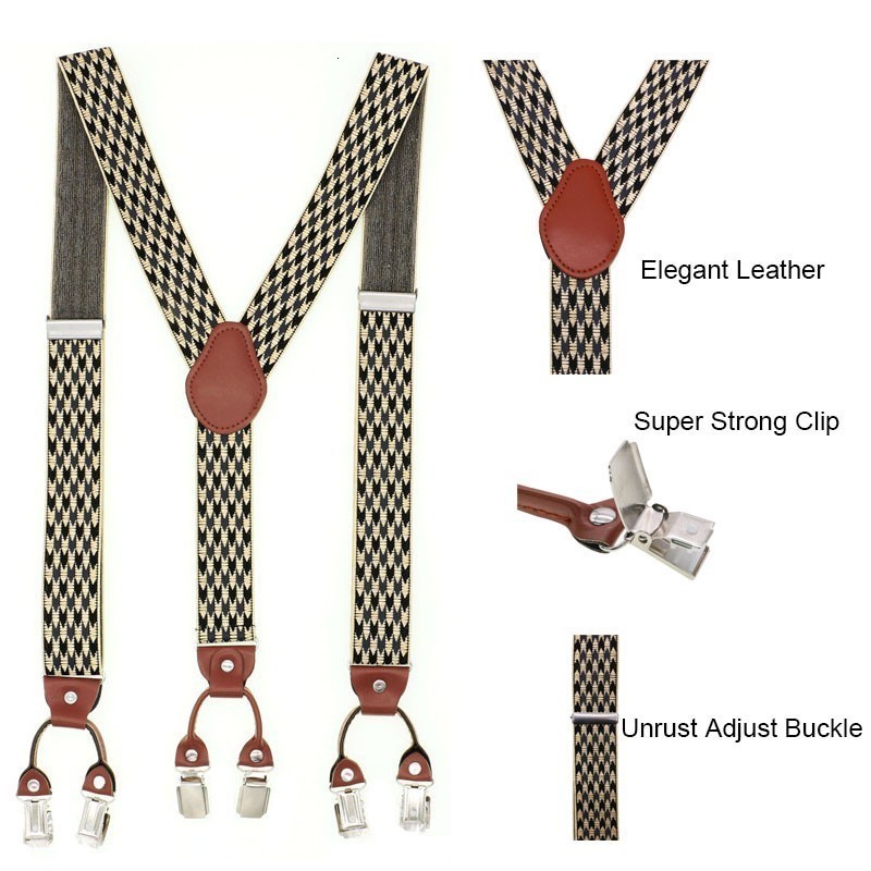 Suspenders 6 Clip Men's Suspenders Casual Fashion Unisex Braces Elegant Brown Leather Shirt Suspenders Adjustable Belt Strap Dad Gift 230907