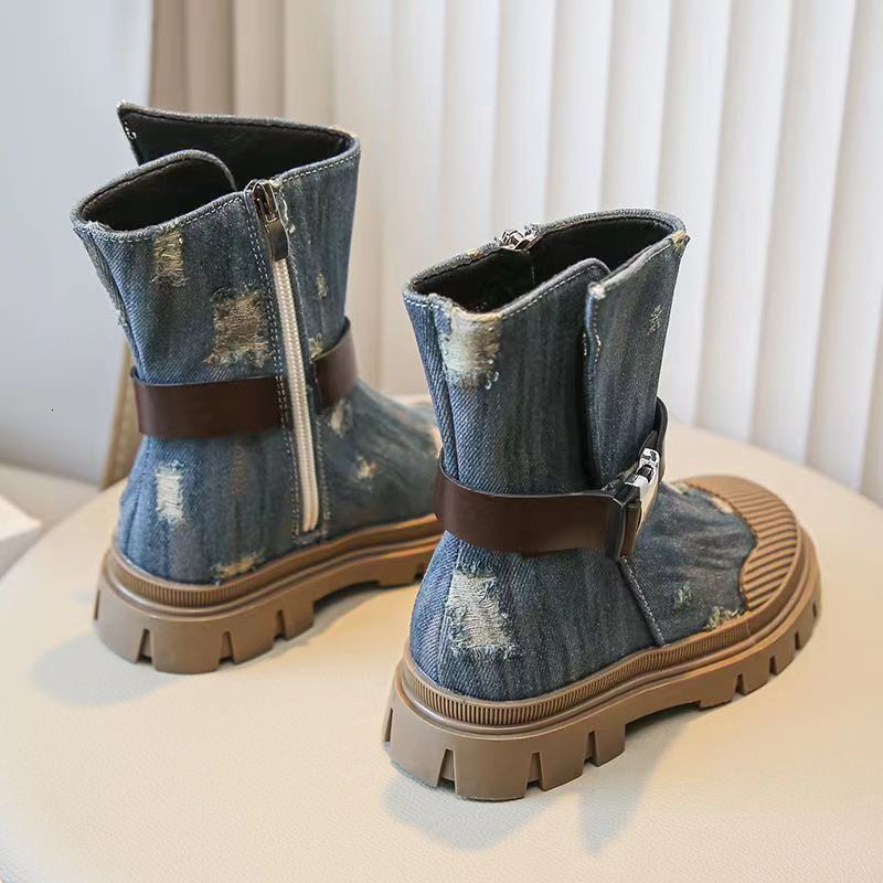 Boots Girls Short Boots Autumn Denim Side Zipper Short Boots Shell Head Thick Sole Casual British Style Girls Shoes 2637 230906