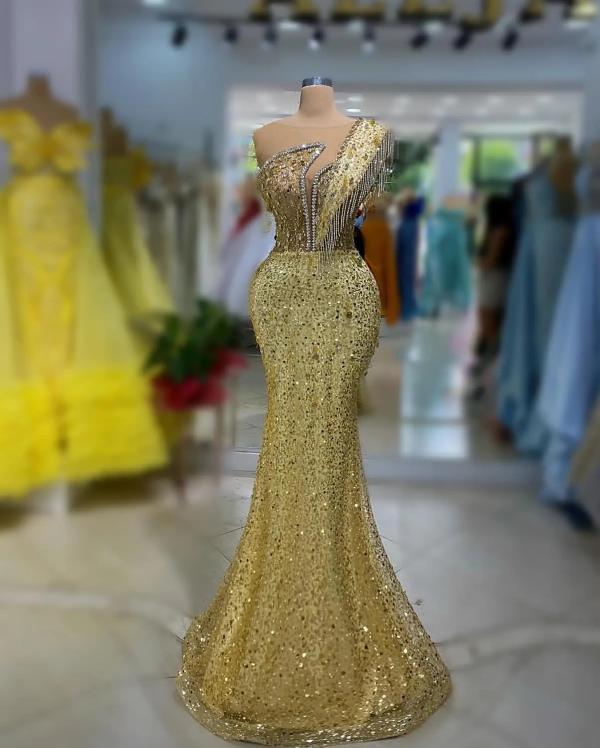 Aso Ebi Arabic Mermaid Gold Prom Dress Crystals Sequined Lace Evening Formal Party Second Reception Birthday Engagement Gowns Dresses Robe De Soiree E