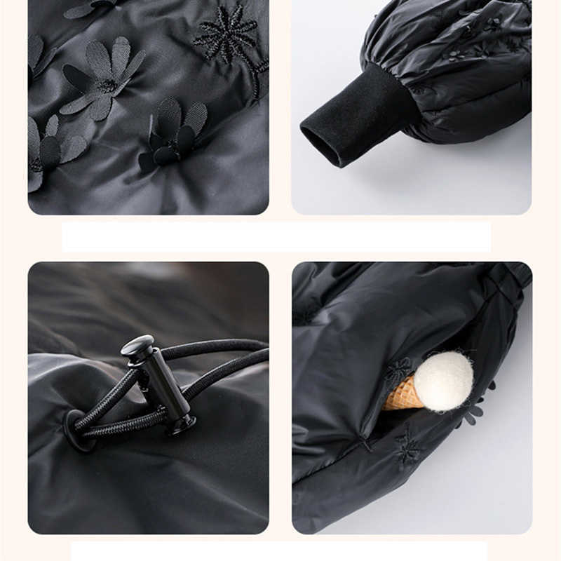 Down Coat Fashion Baby Girls Winter Jacket Cotton Padded Toddler Teens Hooded Long Coat Kids Black Flower Thick Child Outerwear R230905