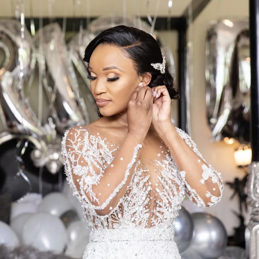 2024 Mermaid Morden African Wedding Dress Detachable Train Illusion Neck Long Sleeves Heavy Handwork Beads Sequins Bride Gowns Vestidos De Novia