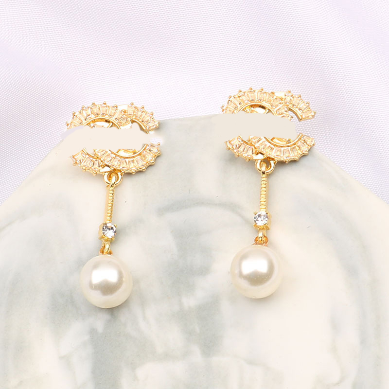 20style Simple High Quality Desinger Letter Stud Long Dangle Earrings Pearl Tassel Crystal Rhie Wedding Party Jewelry Accessories