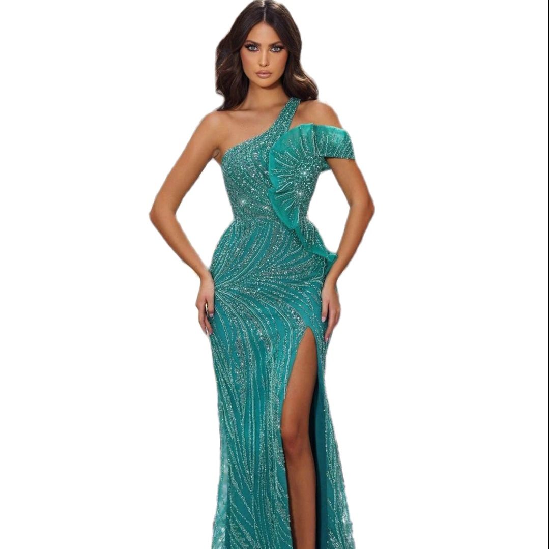 Fashion Long Mermaid Evening Dresses with High Slit One Shoulder Sleeveless Sparkle Beaded Sequins Party Gowns