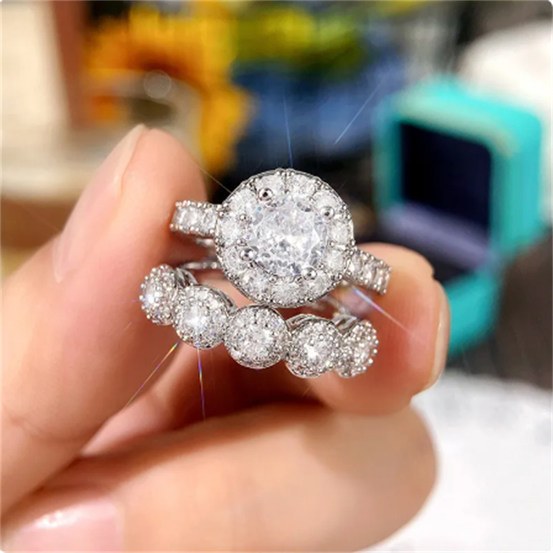 Handmade Lab Diamond Finger Ring Sets 925 Sterling Silver Party Wedding Band Rings for Women Bridal Engagement Jewelry Gift