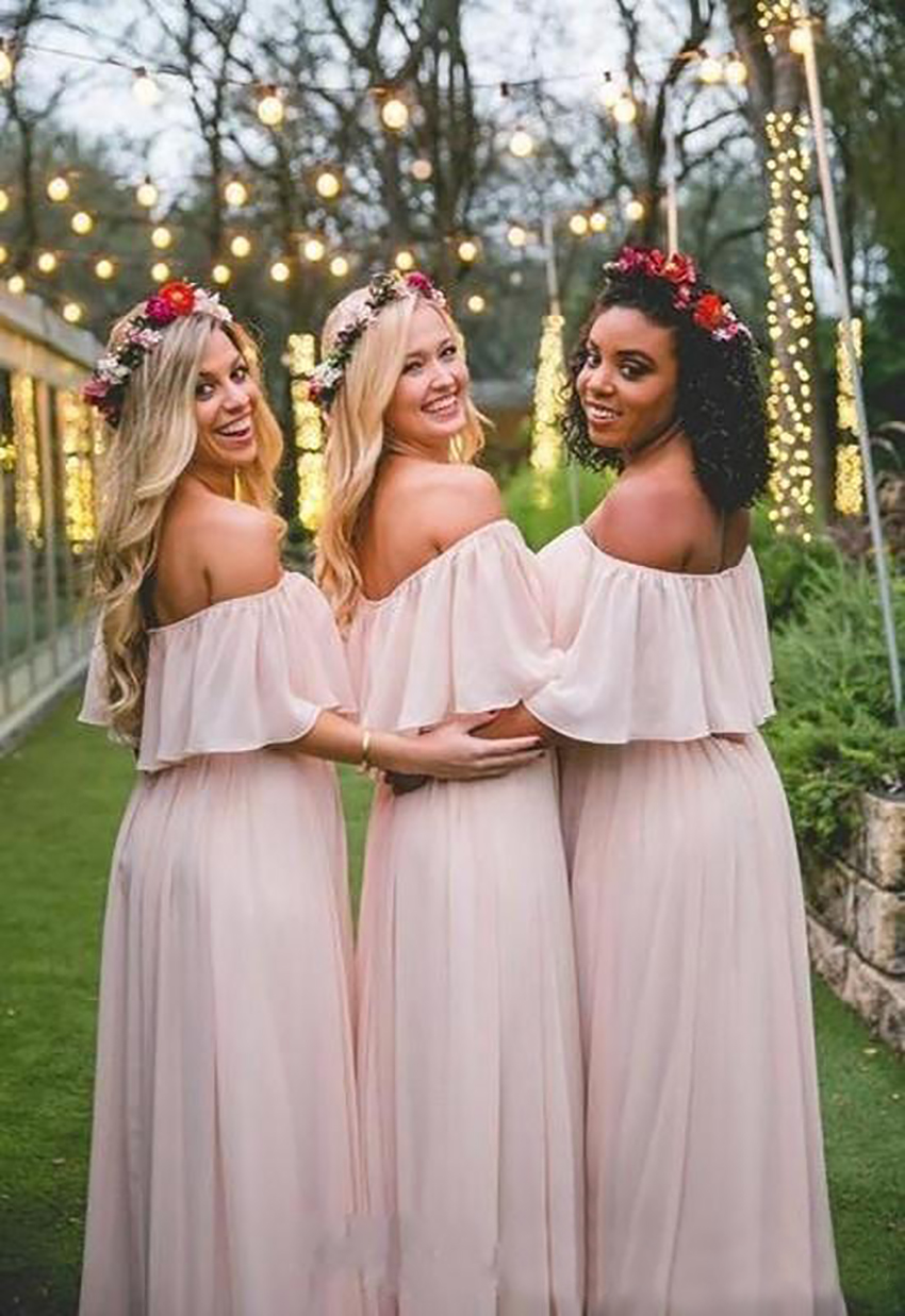 2023 Chiffon Long Bridesmaid Dresses Elegant Pink Off The Shoulder Beach Bohemian Maid of Honor Wedding Party Plus Size Prom Gown