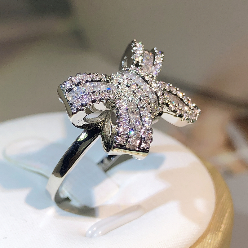 Wedding Rings 925 Silver Color Bowknot Bow Knot Bling Zircon Stone Rings for Women Fashion Wedding Engagement Jewelry 230907