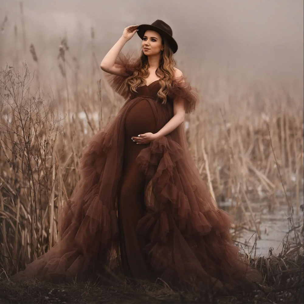 Brown Off the Shoulder Prom Dresses Pregnant Women Tulle Ruffle Overskirt Photography Dress 2 Pieces Baby Shower Vestidos De Novia