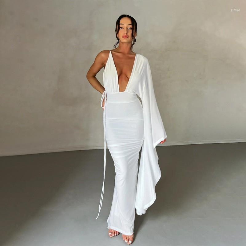 Casual Dresses Woman's Sexy Backless Thin Knit Woolen Chic Halter Lace Up Flare Sleeve Maxi Vestidos Beach Holiday Party Robe Outfits B1