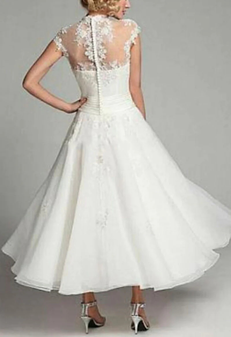 Short Sleeves A Line Vintage Wedding Dress Lace Appliques Ankle Length Bridal Gowns Crew Neck Classic Ivory Organza Bride Dresses Custom Made