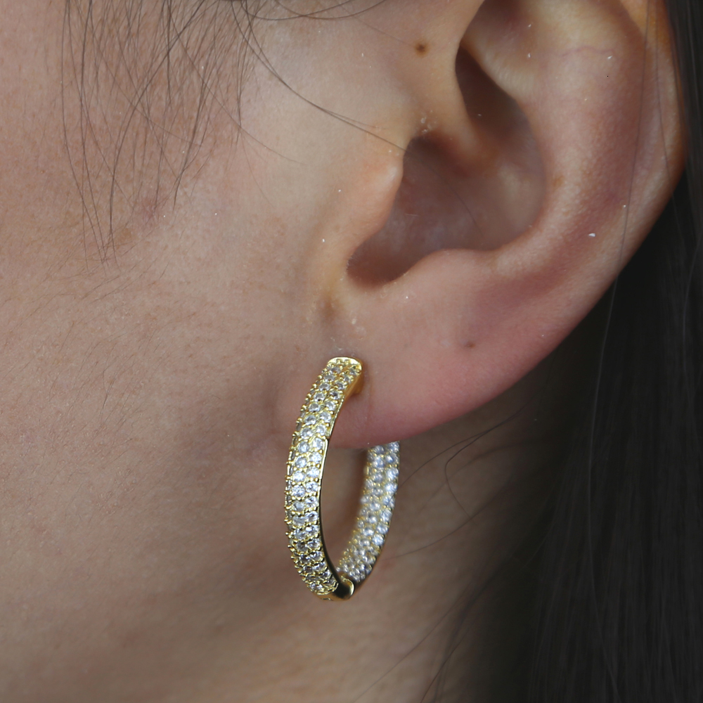 Stud 25MM Medium Sized Huggie Hoop Earring Rose Gold Silver Colors Full Micro Pave 5A CZ Iced Out Women Hoops 230907