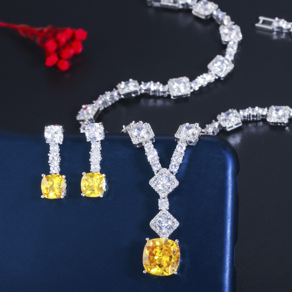 Wedding Jewelry Sets ThreeGraces Elegant Yellow CZ Crystal Silver Color Big Square Drop Earrings Necklace Wedding Party Jewelry Sets for Women TZ581 2