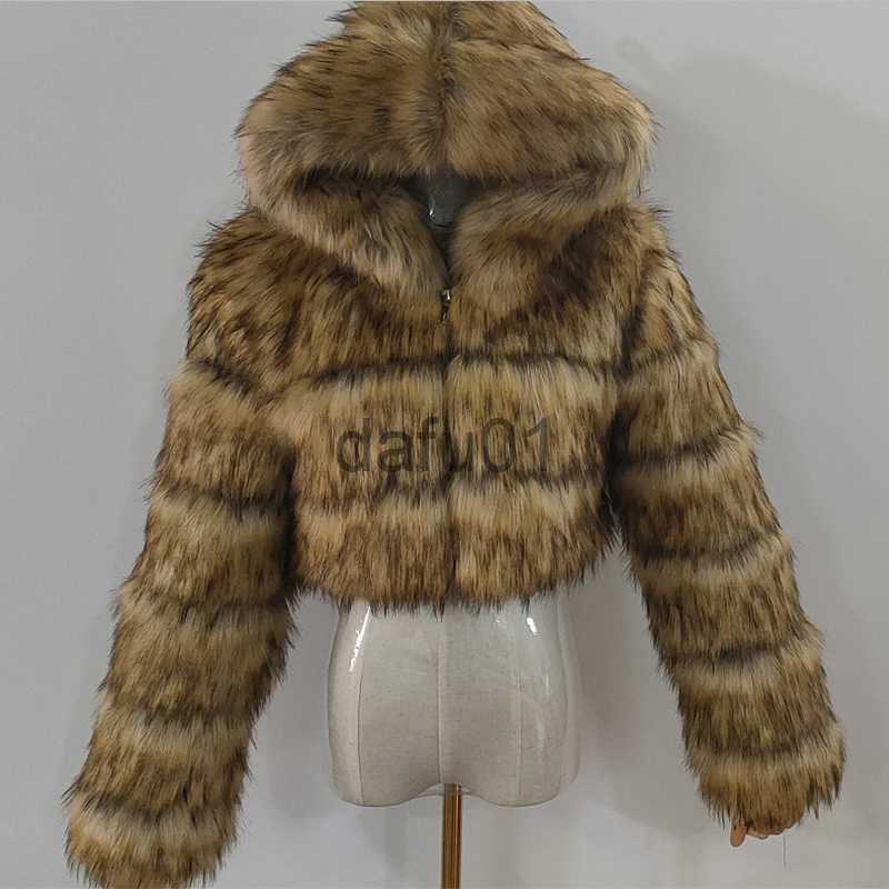 Womens Fur Faux Fur Red Raccoon Fur Coat Winter Furry Cropped Faux Fur Coats and Jackets Women Fluffy Top Coat Hooded Zip Short Fur Jacket Fashion x09
