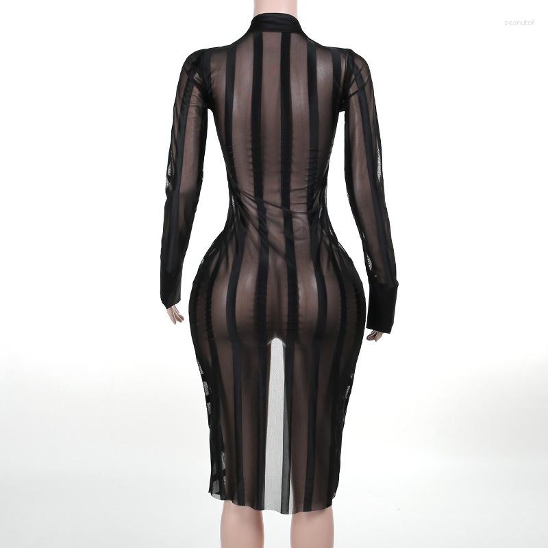 Casual Dresses Mesh Maxi Shirt Dress Striped Sexy Club Party Bodycon Blouse Women 2023 Summer Elegant Luxury