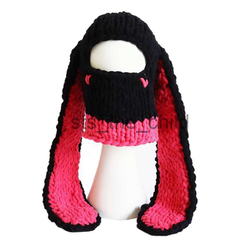 Beanie/Skull Caps Women Lovely Long Rabbit Ear Beanie Hat Gothic Punk Women Winter Thicken Warm Windproof Knitted Caps Chic Streetwear x0907