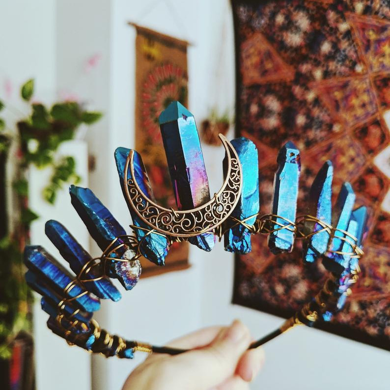 Wedding Hair Jewelry Real Crystal Quartz Druzy Crown Gothic Moon Raw Stone Wand Hairpin Tiara Witchcraft Comb Hair Woman Wed Halloween Jewelry Gift 23
