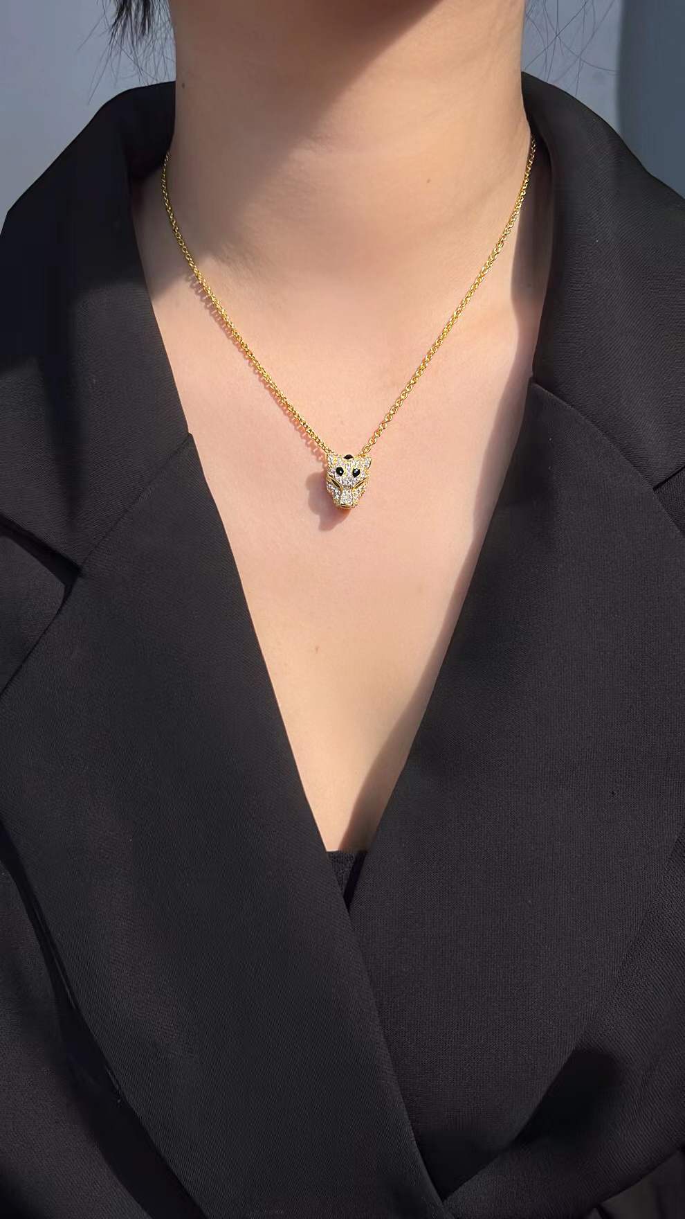 Unique Green Eye Leopard Head Necklace Animal Choker Punk Women Men Zircon Panther Pendant Black Enamel Panthere Jewelry Luxury
