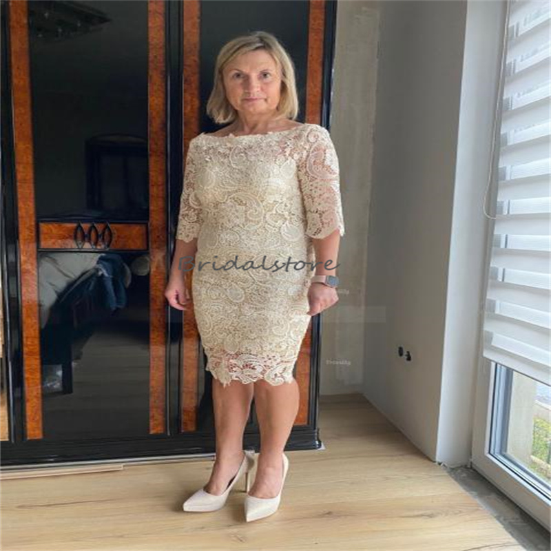 Elegant Light Champagne Mother of The Bride Dress Knee Length Lace Wedding Guest Dress With Sleeve Sheath Groom Mom Evening Party Wear Vestios De Fies