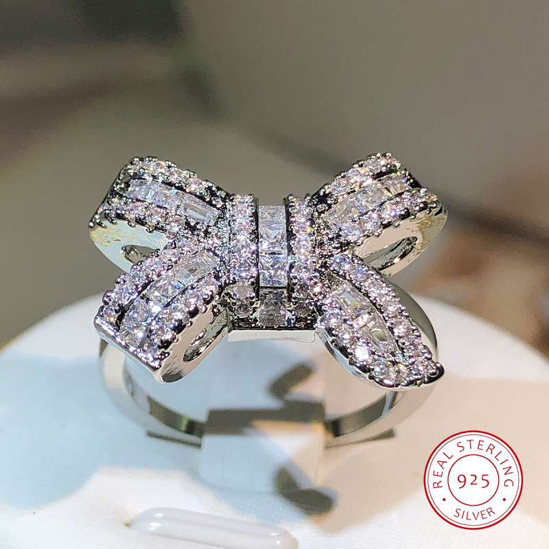 Wedding Rings 925 Silver Color Bowknot Bow Knot Bling Zircon Stone Rings for Women Fashion Wedding Engagement Jewelry 230907