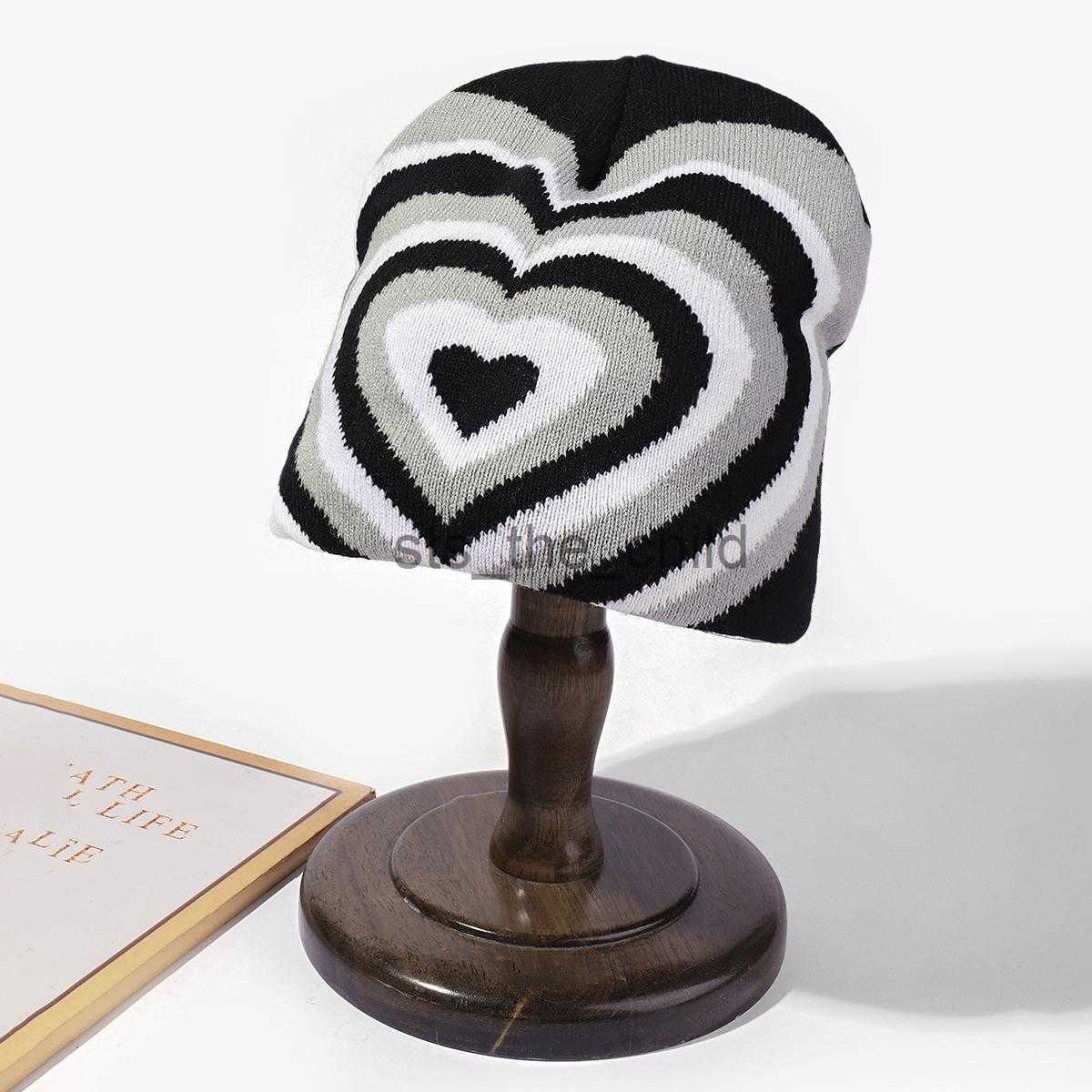 Beanie/Skull Caps winter hat solid Color blocking rainbow heart print knitted beanie hats x0907