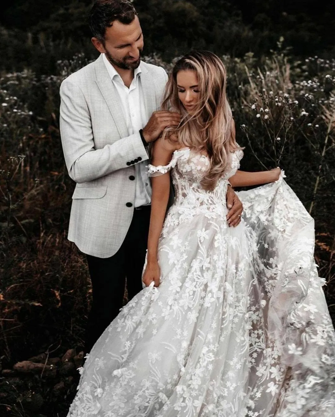 Boho Wedding Dresses Bridal Gown Off the Shoulder Strpas Tulle Lace Applique Sweep Train Custom Made Plus Size Garden Country Vestidos De Novia 403
