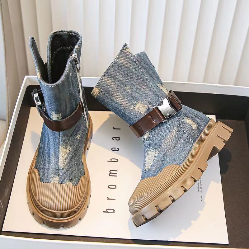 Boots Girls Short Boots Autumn Denim Side Zipper Short Boots Shell Head Thick Sole Casual British Style Girls Shoes 2637 230906