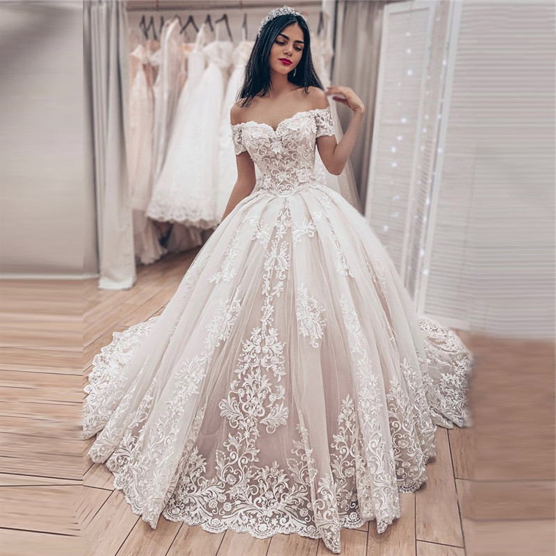 2023 Princess Ball Gown Wedding Dresses Lace Appliques Off The Shoulder Lace-up Gorgeous Arabic Bridal Gowns Short Sleeves Vestidos De Novia