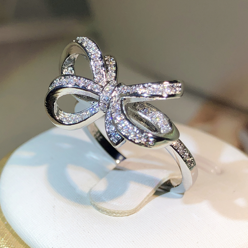 Wedding Rings 925 Sterling Silver Classic Big Bow Zircon Ring For Ladies Fashion Birthday Wedding Engagement Jewelry Gift 230907