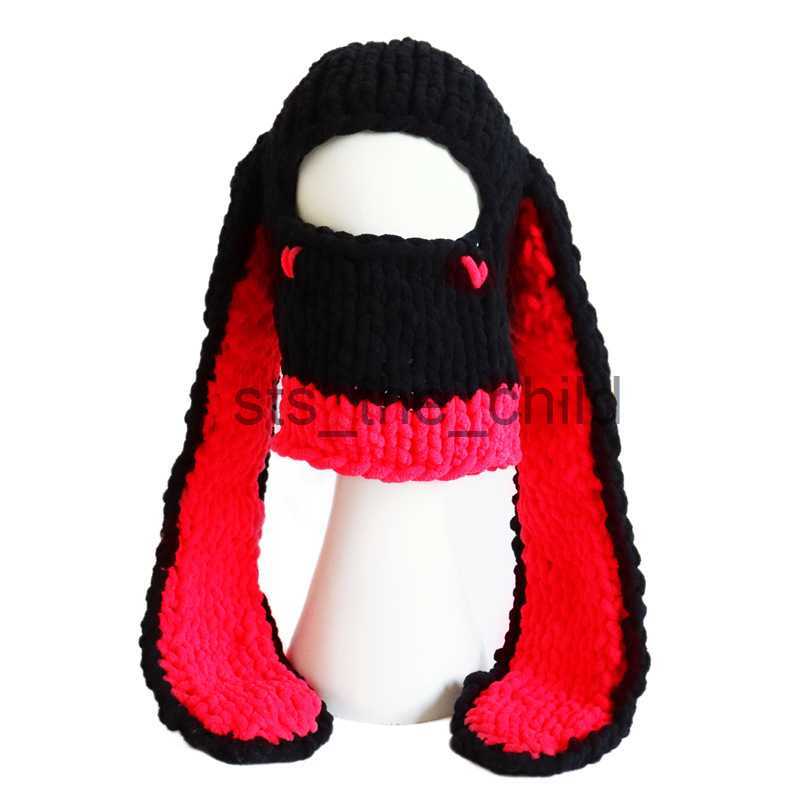 Beanie/Skull Caps Women Lovely Long Rabbit Ear Beanie Hat Gothic Punk Women Winter Thicken Warm Windproof Knitted Caps Chic Streetwear x0907