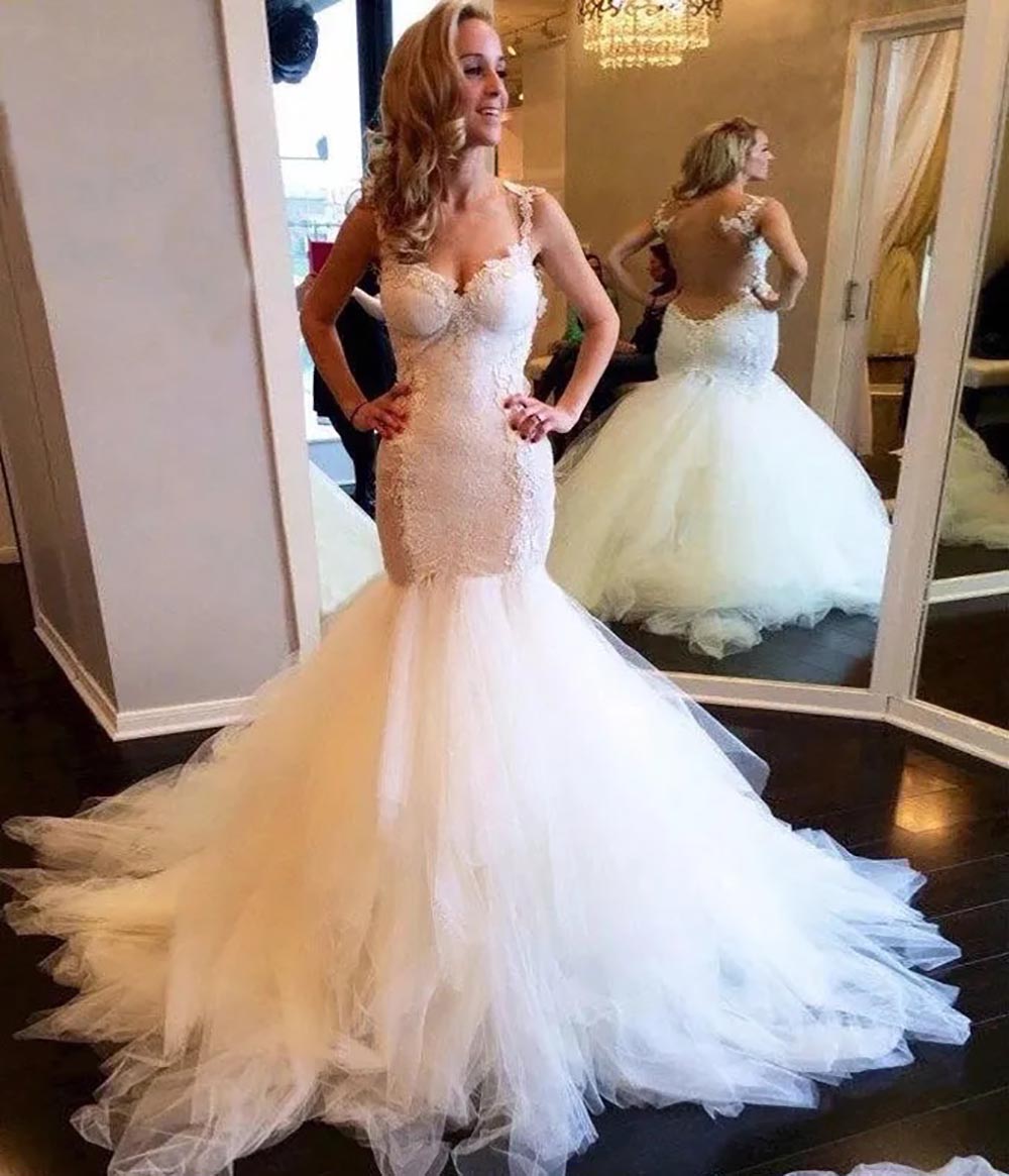 Wedding Dresses White Bridal Gowns Mermaid Formal Ivory Trumpet Sleeveless Applique Zipper Lace Up New Custom Plus Size Sweetheart Tulle Lace