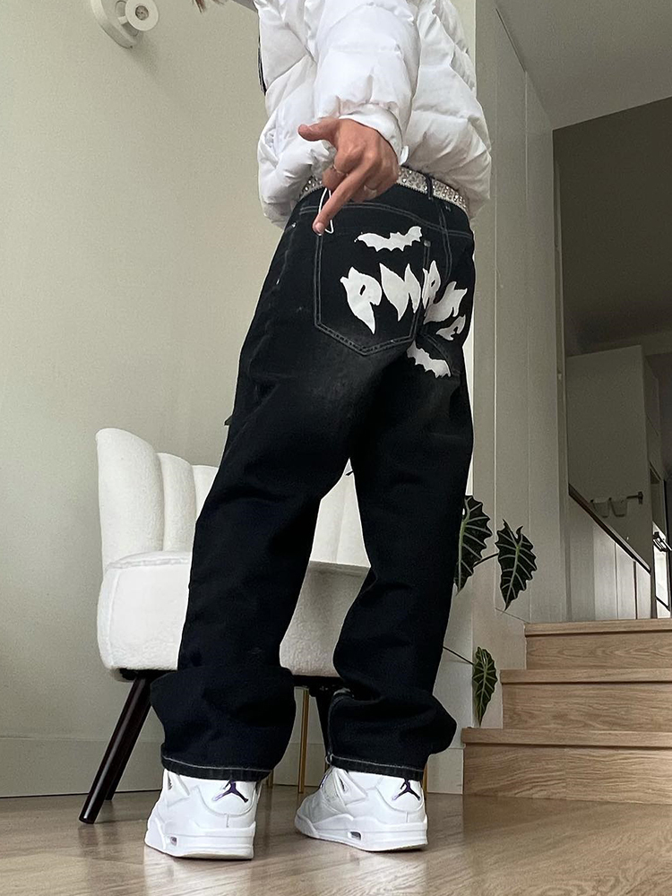 Men's Jeans Printed Black Jeans For Men Y2K Fashion Graphic Painted Baggy Casual Trousers Loose Straight Leg Cotton Denim Pants 230907