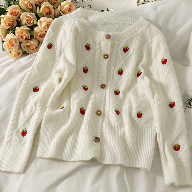Womens Knits Tees Autumn sweet style strawberry embroidery singlebreasted loose longsleeved knitted cardigan sweater women 230906