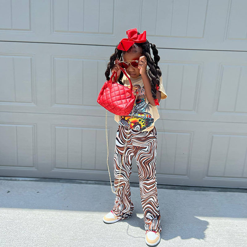 Trousers 2023 Summer Pants Baby Girls Wave Print Flare Leggings With Small Moq Brown Vintage Street Style Trouser Chirldren Pant 1 8Y 230906