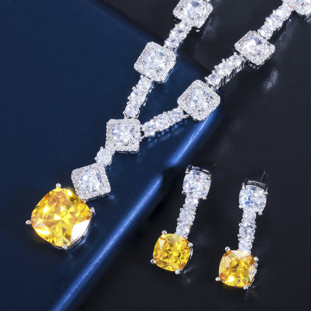 Wedding Jewelry Sets ThreeGraces Elegant Yellow CZ Crystal Silver Color Big Square Drop Earrings Necklace Wedding Party Jewelry Sets for Women TZ581 2