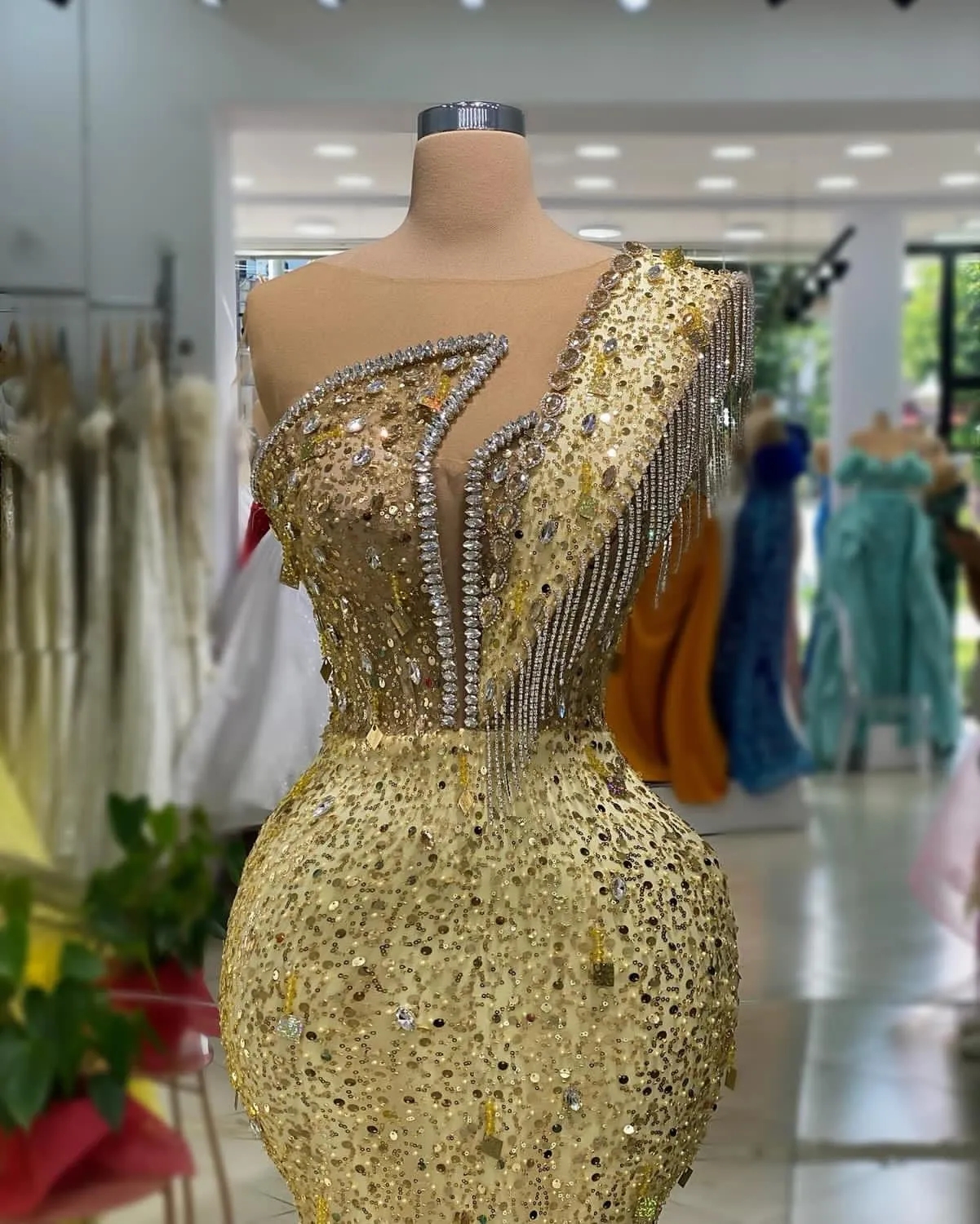 Aso Ebi Arabic Mermaid Gold Prom Dress Crystals Sequined Lace Evening Formal Party Second Reception Birthday Engagement Gowns Dresses Robe De Soiree E