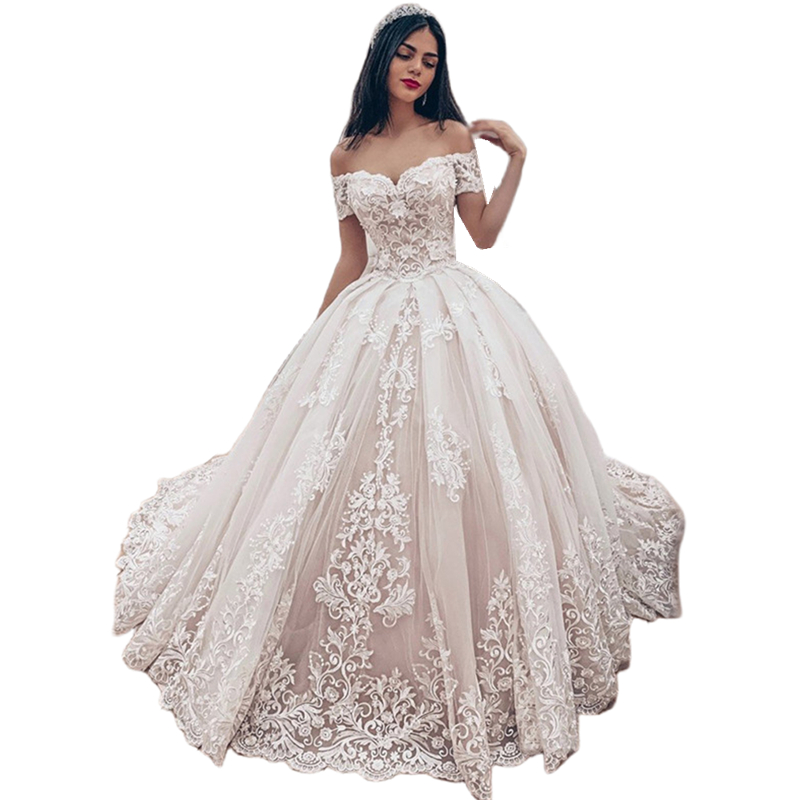 2023 Princess Ball Gown Wedding Dresses Lace Appliques Off The Shoulder Lace-up Gorgeous Arabic Bridal Gowns Short Sleeves Vestidos De Novia